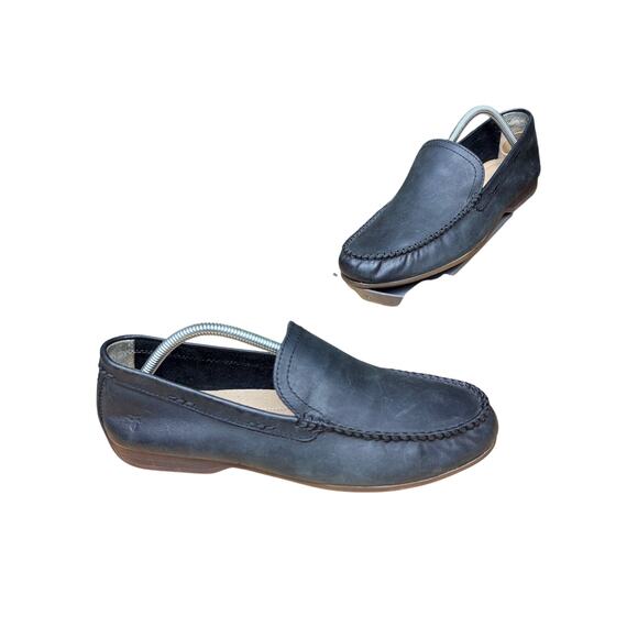 Frye Lewis Venetian Loafers Moccasin Toe Leather Driving Shoes Black Mens 9.5 - Picture 1 of 11